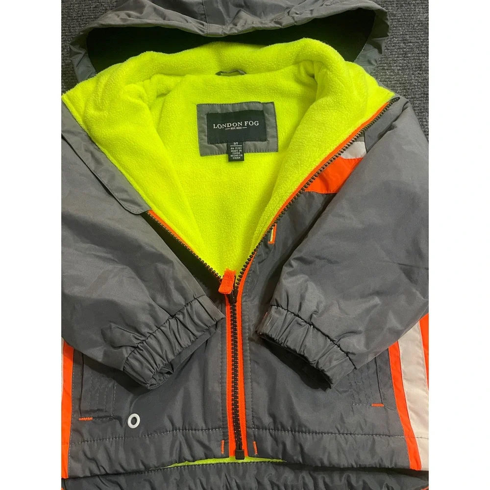 London Fog Boys Grey Orange Colorblock Fleece Lined Hooded Jacket 3T